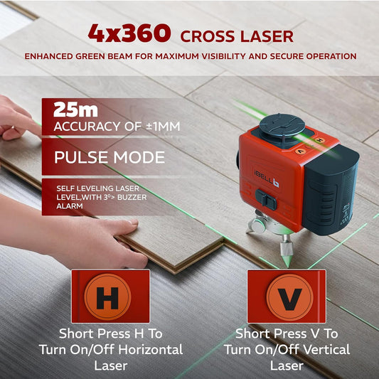 iBELL IBL LL5-16 Professional 16-Line Green Beam Self-Leveling Laser Level, 8 Horizontal & 8 Vertical, ±1mm Class II,Tripod Compatible, with 2 Rechargeable Batteries for Home, DIY & Professional Use