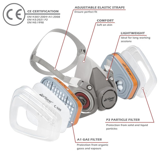AirGearPro G-500 Reusable Respirator Mask with A1P2 Filters | Anti-Gas, Anti-Dust | Gas Mask Ideal for Painting, Woodworking, Construction, Sanding, Spraying, Chemicals, DIY etc