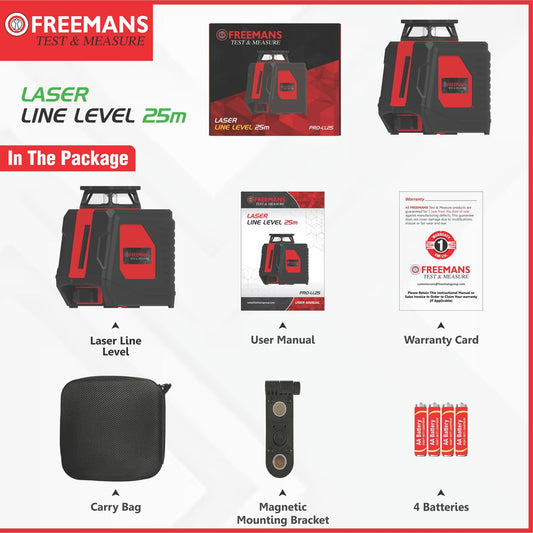 FREEMANS Test & Measure Green Beam Self Levelling 25m Cross Line Laser Level, with 4*AA Batteries for Home, DIY & Professional Use, 1 Year Warranty
